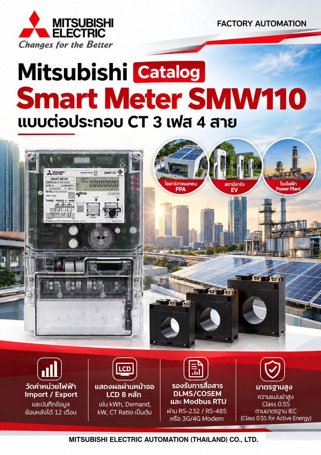 Mitsubishi Catalog Smart Meter SMW110 แบบต่อประกอบ CT 3 เฟส 4 สาย