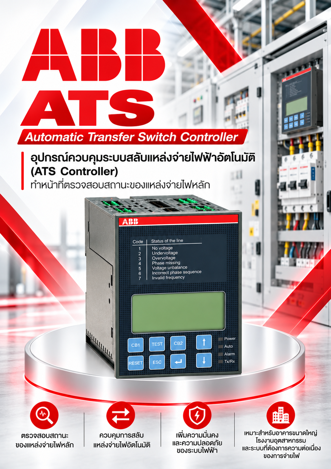 ABB ATS Automatic Transfer Switch Controller อุปกรณ์ควบคุมระบบสลับแหล่งจ่ายไฟฟ้าอัตโนมัติ (ATS Controller) ทำหน้าที่ตรวจสอบสถานะของแหล่งจ่ายไฟหลัก 
