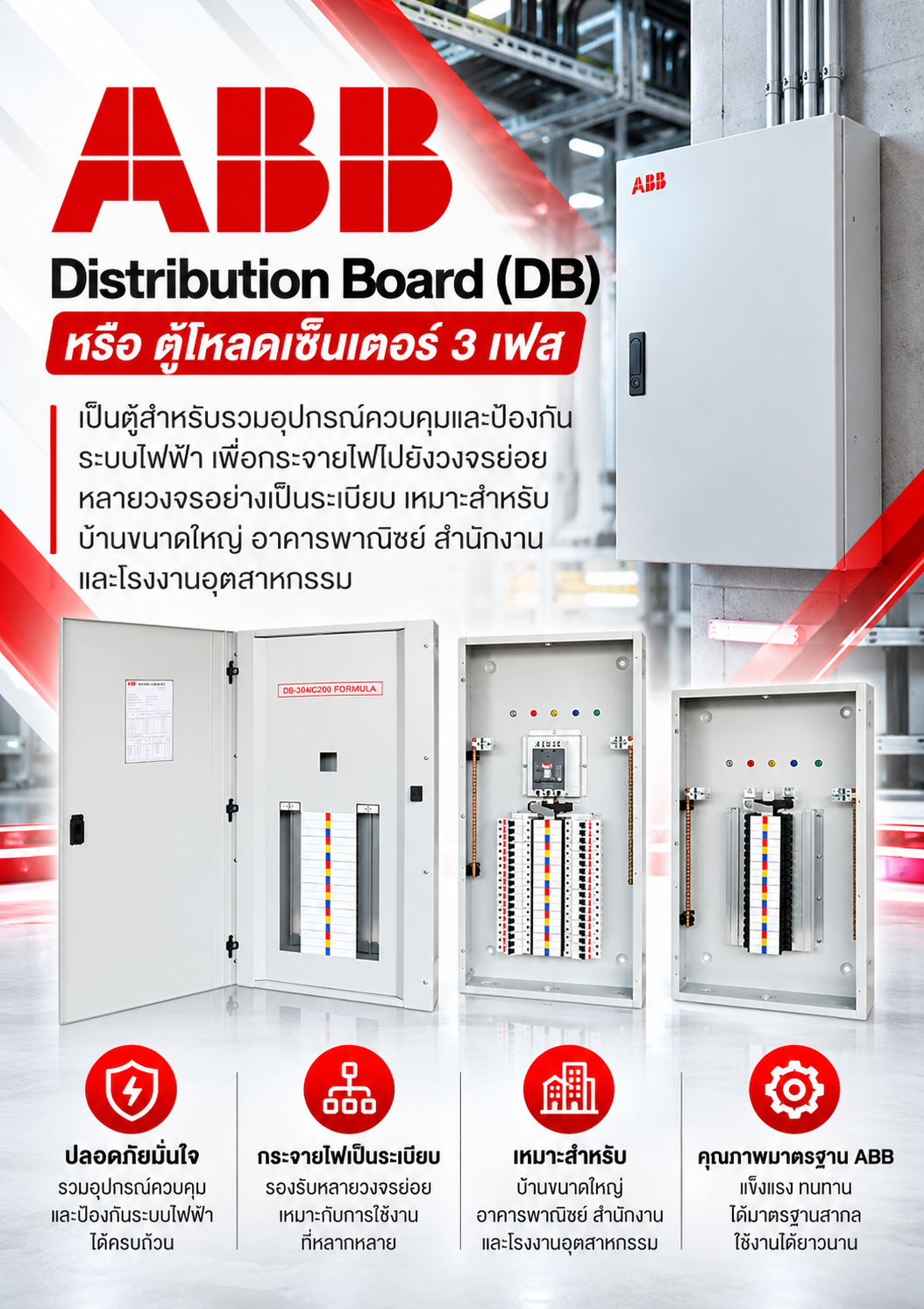 ABB Distribution Board (DB) หรือ ตู้โหลดเซ็นเตอร์ 3 เฟส เป็นตู้สำหรับรวมอุปกรณ์ควบคุมและป้องกันระบบไฟฟ้า เพื่อกระจายไฟไปยังวงจรย่อยหลายวงจรอย่างเป็นระเบียบ เหมาะสำหรับบ้านขนาดใหญ่ อาคารพาณิชย์ สำนักงาน และโรงงานอุตสาหกรรม