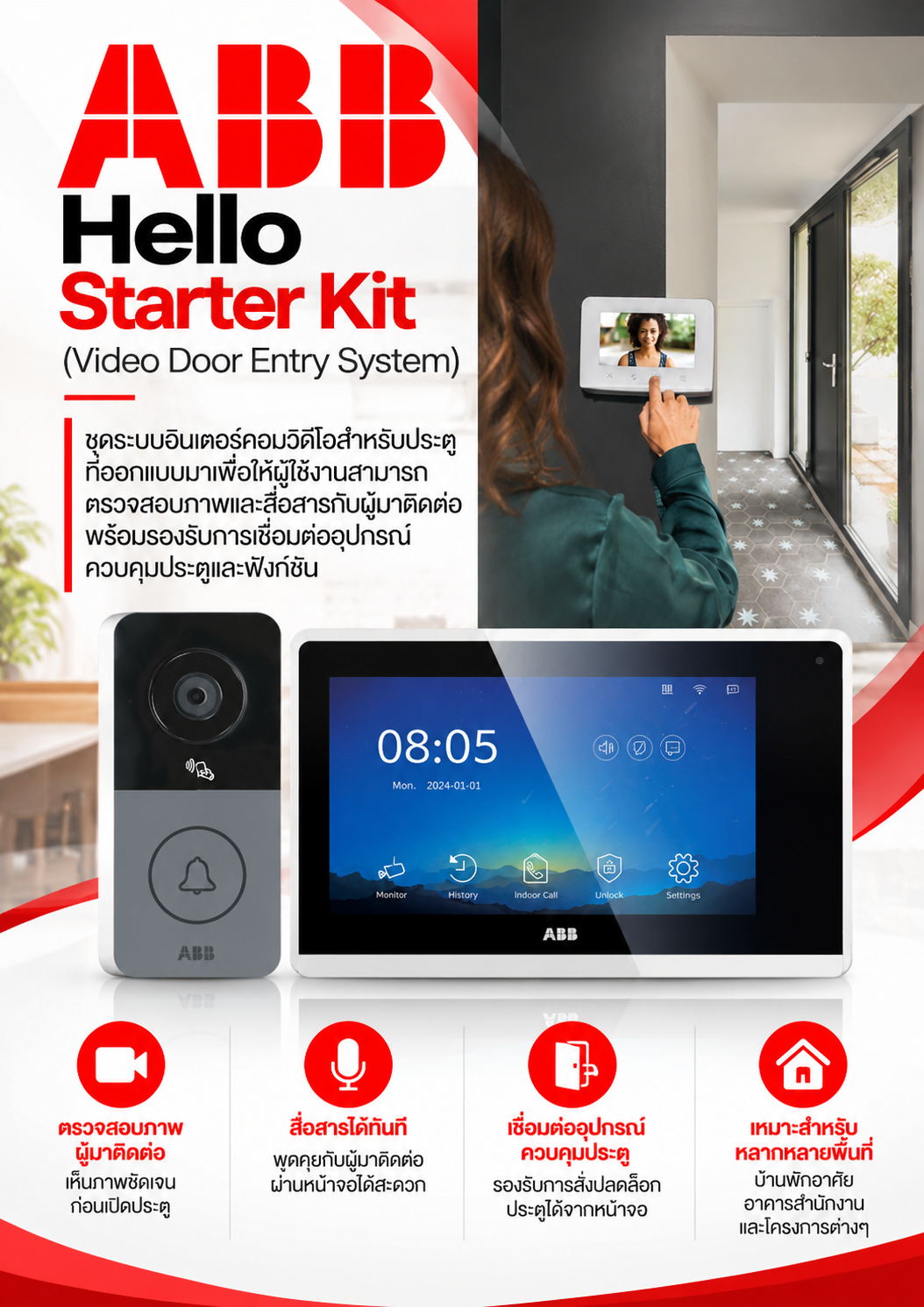 ABB Hello Starter Kit (Video Door Entry System) ชุดระบบอินเตอร์คอมวิดีโอสำหรับประตู ที่ออกแบบมาเพื่อให้ผู้ใช้งานสามารถตรวจสอบภาพและสื่อสารกับผู้มาติดต่อ พร้อมรองรับการเชื่อมต่ออุปกรณ์ควบคุมประตูและฟังก์ชัน