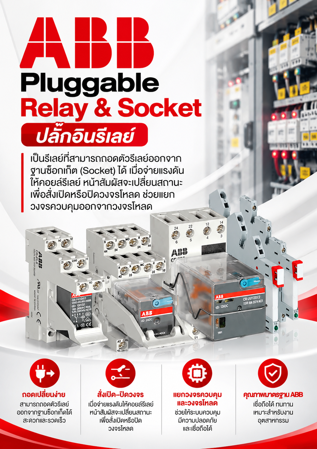 ABB Pluggable Relay & Socket ปลั๊กอินรีเลย์ เป็นรีเลย์ที่สามารถถอดตัวรีเลย์ออกจากฐานซ็อกเก็ต (Socket) ได้ เมื่อจ่ายแรงดันให้คอยล์รีเลย์ หน้าสัมผัสจะเปลี่ยนสถานะเพื่อสั่งเปิดหรือปิดวงจรโหลด ช่วยแยกวงจรควบคุมออกจากวงจรโหลด