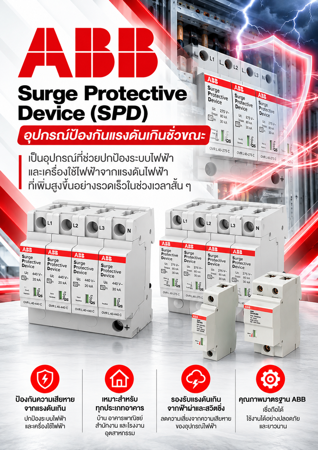 ABB Surge Protective Device (SPD) อุปกรณ์ป้องกันแรงดันเกินชั่วขณะ เป็นอุปกรณ์ที่ช่วยปกป้องระบบไฟฟ้าและเครื่องใช้ไฟฟ้าจากแรงดันไฟฟ้าที่เพิ่มสูงขึ้นอย่างรวดเร็วในช่วงเวลาสั้น ๆ