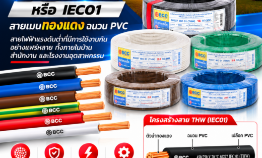 BCC สายไฟ รุ่น THW หรือ IEC01 สายเมนทองแดง ฉนวน PVCสายไฟฟ้าแรงดันต่ำที่มีการใช้งานกันอย่างแพร่หลาย ทั้งภายในบ้าน สำนักงาน และโรงงานอุตสาหกรรม