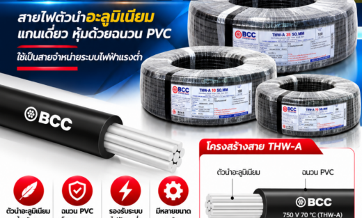 BCC สายไฟ รุ่น THW-A สายไฟตัวนำอะลูมิเนียมแกนเดี่ยว หุ้มด้วยด้วยฉนวน PVC ใช้เป็นสายจำหน่ายระบบไฟฟ้าแรงต่ำ