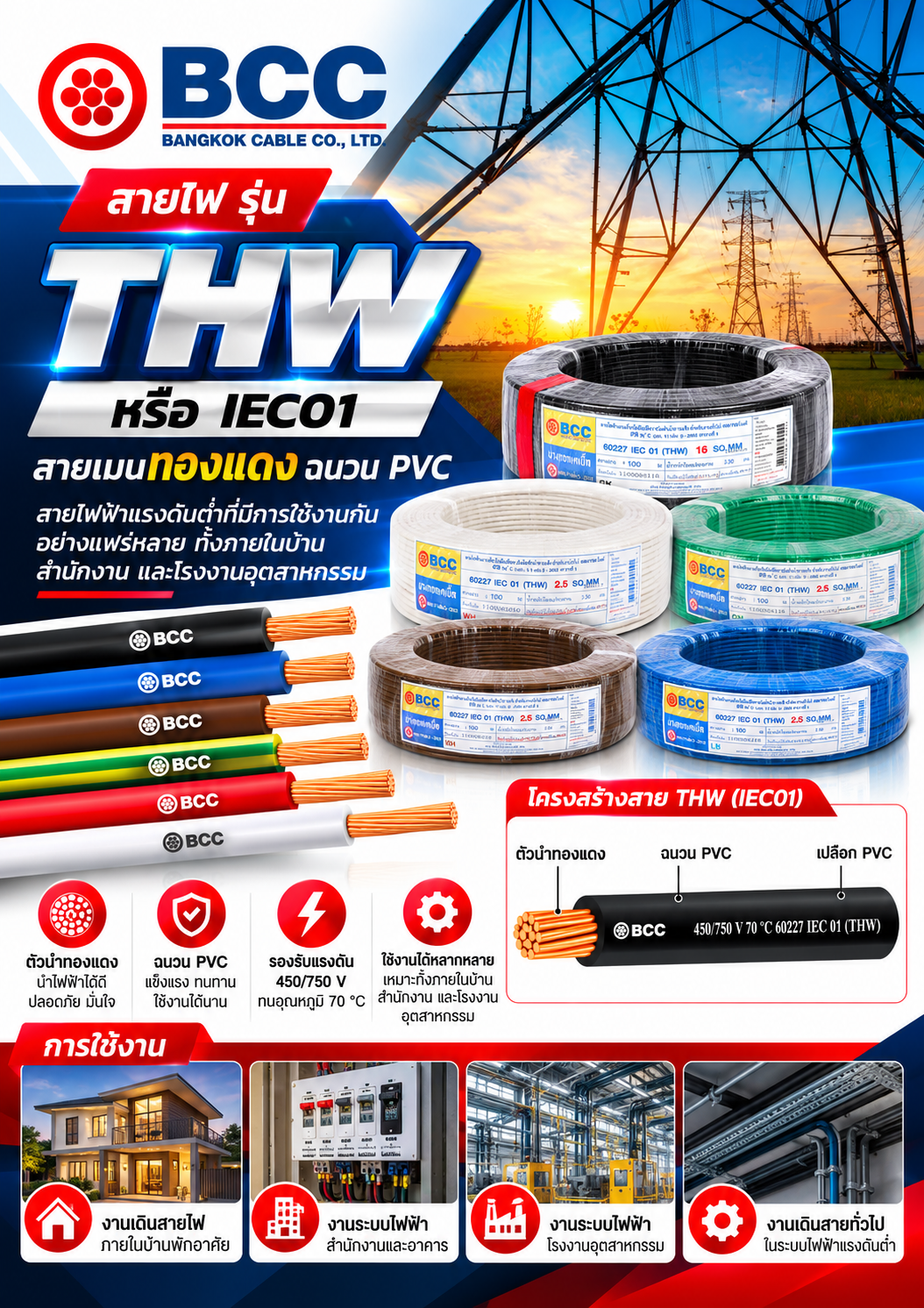 BCC สายไฟ รุ่น THW หรือ IEC01 สายเมนทองแดง ฉนวน PVCสายไฟฟ้าแรงดันต่ำที่มีการใช้งานกันอย่างแพร่หลาย ทั้งภายในบ้าน สำนักงาน และโรงงานอุตสาหกรรม