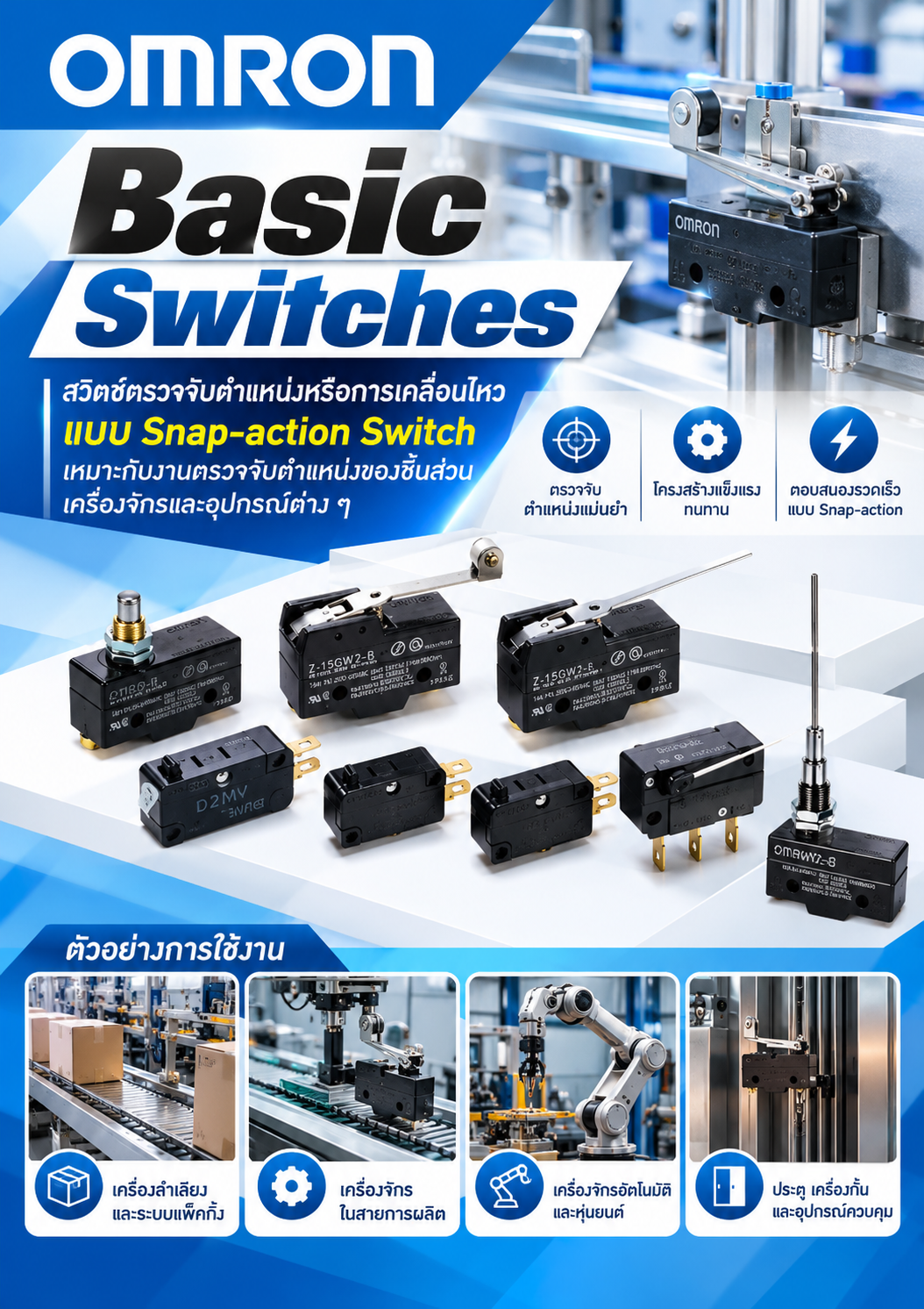 Omron Basic Switches สวิตช์ตรวจจับตำแหน่งหรือการเคลื่อนไหวแบบ Snap-action Switch เหมาะกับงานตรวจจับตำแหน่งของชิ้นส่วนเครื่องจักรและอุปกรณ์ต่าง ๆ