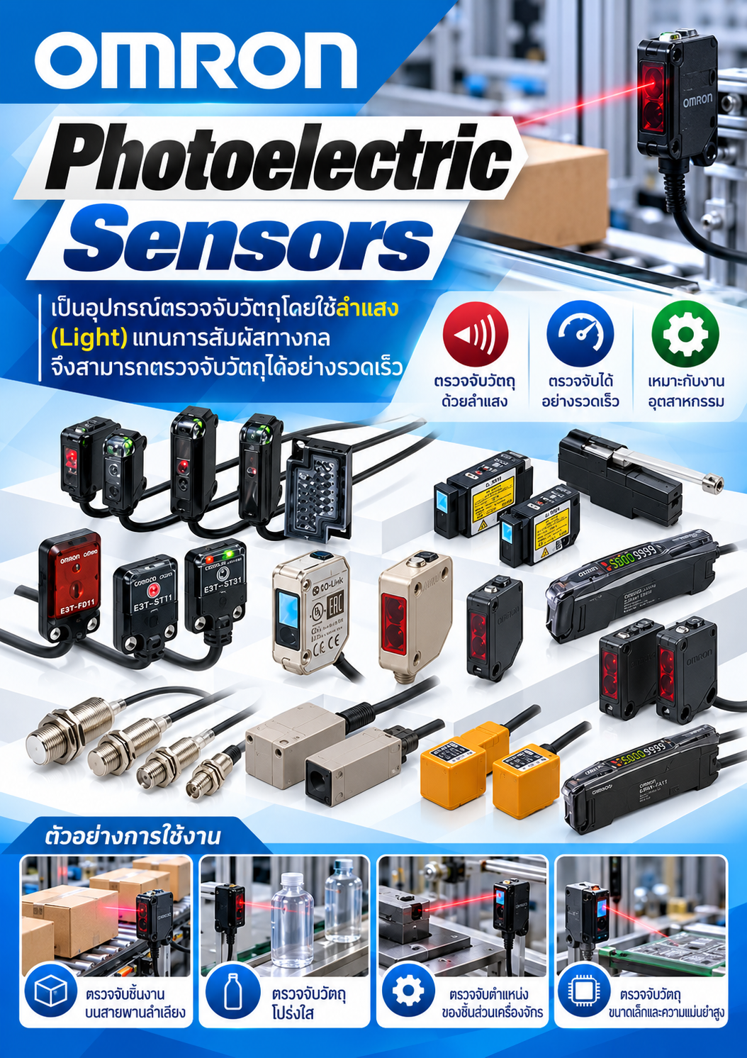 Omron Photoelectric Sensors เป็นอุปกรณ์ตรวจจับวัตถุโดยใช้ลําแสง (Light) แทนการสัมผัสทางกล จึงสามารถตรวจจับวัตถุได้อย่างรวดเร็ว