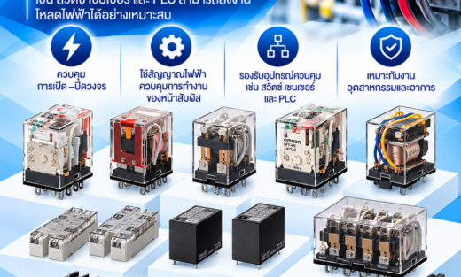 Omron Relays อุปกรณ์รีเลย์สำหรับควบคุมการเปิด–ปิดวงจรไฟฟ้า โดยใช้สัญญาณไฟฟ้าควบคุมการทำงานของหน้าสัมผัส ช่วยให้อุปกรณ์ควบคุม เช่น สวิตช์ เซนเซอร์ และ PLC สามารถสั่งงานโหลดไฟฟ้าได้อย่างเหมาะสม