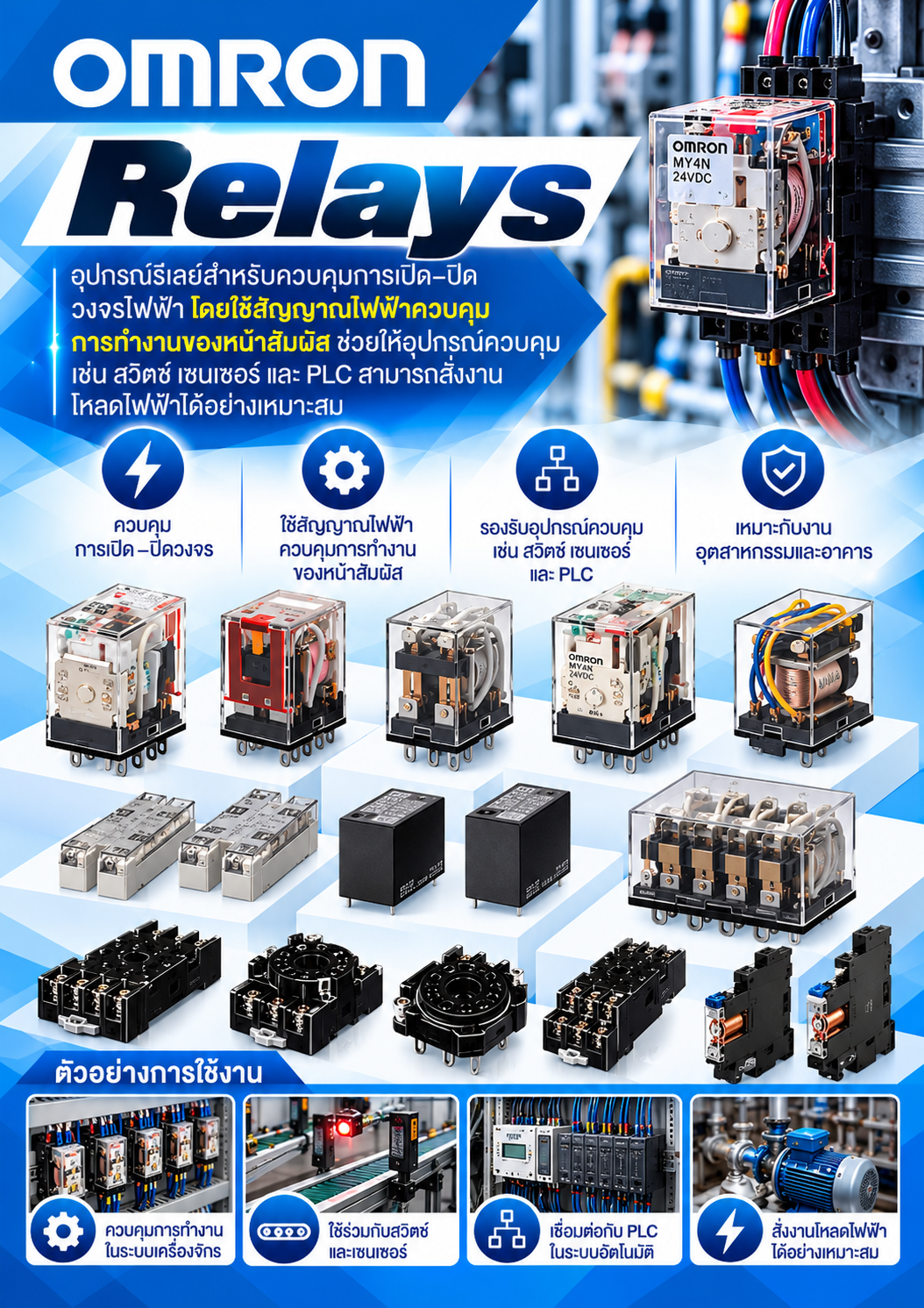 Omron Relays อุปกรณ์รีเลย์สำหรับควบคุมการเปิด–ปิดวงจรไฟฟ้า โดยใช้สัญญาณไฟฟ้าควบคุมการทำงานของหน้าสัมผัส ช่วยให้อุปกรณ์ควบคุม เช่น สวิตช์ เซนเซอร์ และ PLC สามารถสั่งงานโหลดไฟฟ้าได้อย่างเหมาะสม