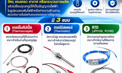 Omron Temperature Sensors อุปกรณ์สำหรับตรวจวัดอุณหภูมิของวัตถุ ของเหลว อากาศ หรือกระบวนการผลิต แล้วเปลี่ยนอุณหภูมิให้เป็น สัญญาณไฟฟ้าในรูปแบบแรงดันไฟฟ้าหรือค่าความต้านทาน มี 3 แบบ เทอร์โมคัปเปิ้ล, เทอร์มิสเตอร์, RTD (JPt100, Pt100)