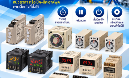 Omron Timers อุปกรณ์ตั้งเวลาสำหรับควบคุมการทำงานของวงจรไฟฟ้า เครื่องจักร และระบบอัตโนมัติ โดยกำหนดช่วงเวลาเริ่มต้น หยุดทำงาน หน่วงเวลา หรือเปิด–ปิดเอาต์พุตตามเงื่อนไขที่ตั้งไว้
