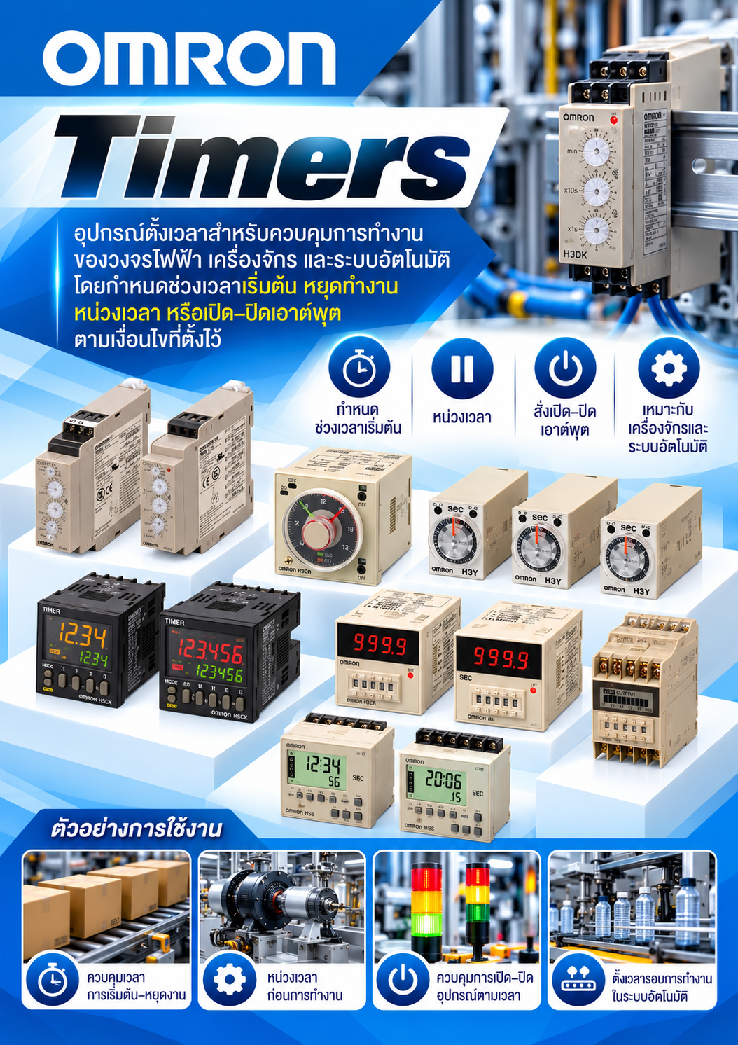 Omron Timers อุปกรณ์ตั้งเวลาสำหรับควบคุมการทำงานของวงจรไฟฟ้า เครื่องจักร และระบบอัตโนมัติ โดยกำหนดช่วงเวลาเริ่มต้น หยุดทำงาน หน่วงเวลา หรือเปิด–ปิดเอาต์พุตตามเงื่อนไขที่ตั้งไว้