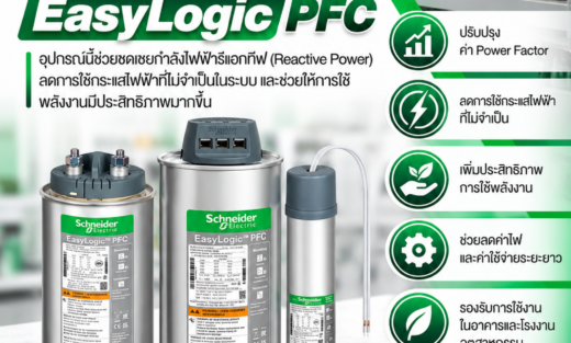 Schneider Capacitor Bank คาร์์ปาซิิเตอร์์ รุ่่่น EasyLogic PFC อุปกรณ์นี้ช่วยชดเชยกำลังไฟฟ้ารีแอกทีฟ (Reactive Power) ลดการใช้กระแสไฟฟ้าที่ไม่จำเป็นในระบบ และช่วยให้การใช้พลังงานมีประสิทธิภาพมากขึ้น