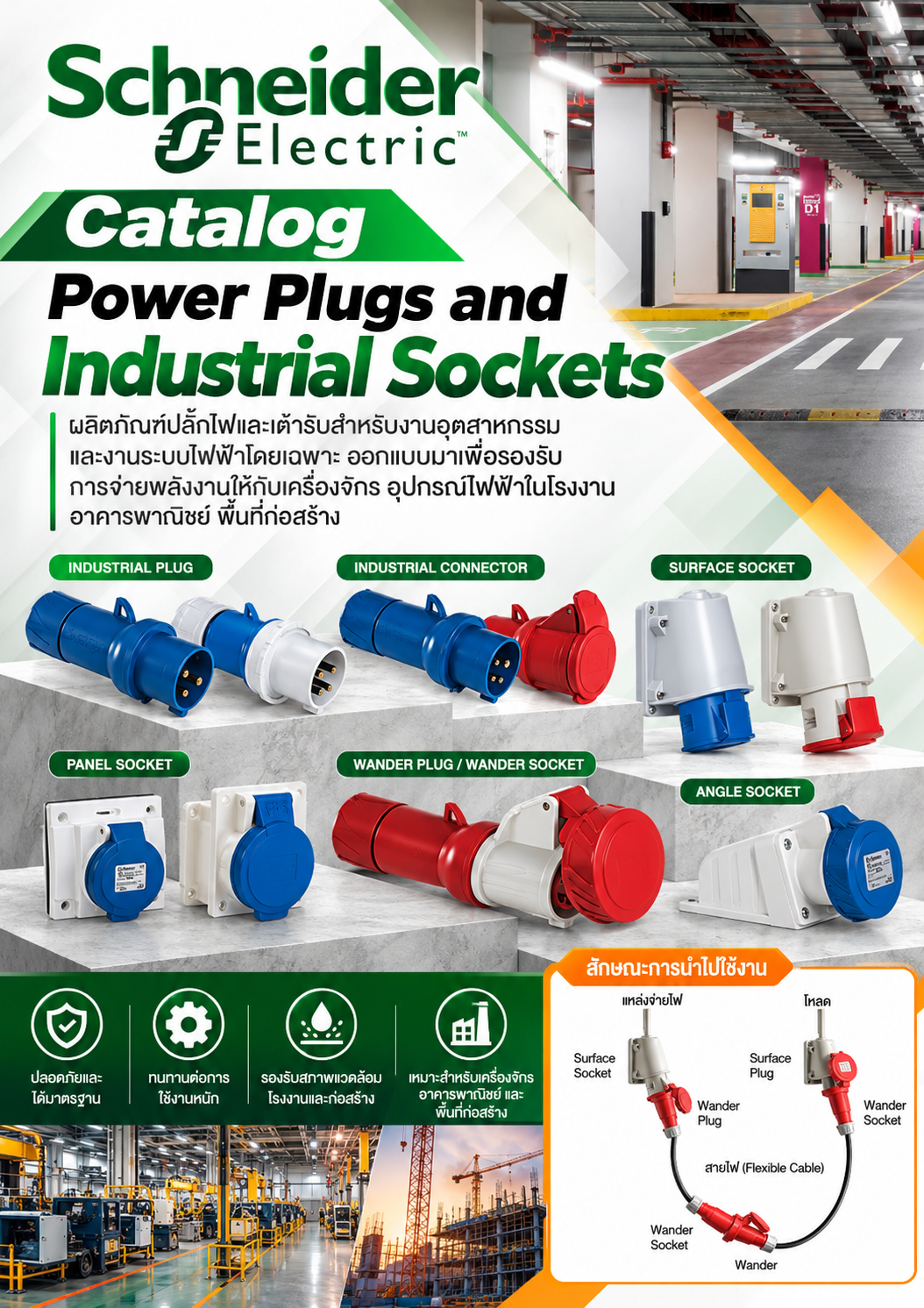Schneider Catalog Power Plugs and Industrial Sockets ผลิตภัณฑ์ปลั๊กไฟและเต้ารับสำหรับงานอุตสาหกรรมและงานระบบไฟฟ้าโดยเฉพาะ ออกแบบมาเพื่อรองรับการจ่ายพลังงานให้กับเครื่องจักร อุปกรณ์ไฟฟ้าในโรงงาน อาคารพาณิชย์ พื้นที่ก่อสร้าง 