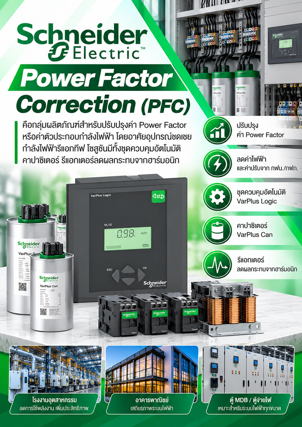Schneider Electric Power Factor Correction (PFC) คือกลุ่มผลิตภัณฑ์สำหรับปรับปรุงค่า Power Factor หรือค่าตัวประกอบกำลังไฟฟ้า โดยอาศัยอุปกรณ์ชดเชยกำลังไฟฟ้ารีแอกทีฟ โซลูชันมีทั้งชุดควบคุมอัตโนมัติ คาปาซิเตอร์ รีแอกเตอร์ลดผลกระทบจากฮาร์มอนิก