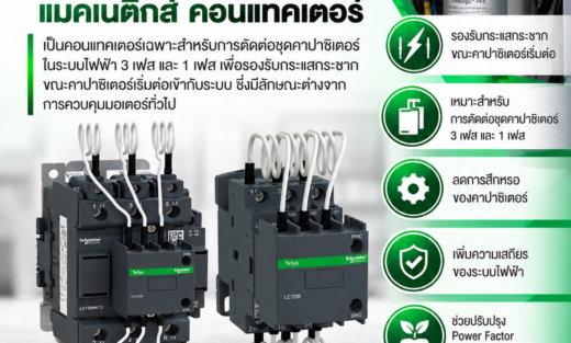 Schneider Magetic contactor รุ่น LC1 แมคเนติิกส์์ คอนแทคเตอร์์ เป็นคอนแทคเตอร์เฉพาะสำหรับการตัดต่อชุดคาปาซิเตอร์ในระบบไฟฟ้า 3 เฟส และ 1 เฟส เพื่อรองรับกระแสกระชากขณะคาปาซิเตอร์เริ่มต่อเข้ากับระบบ ซึ่งมีลักษณะต่างจากการควบคุมมอเตอร์ทั่วไป