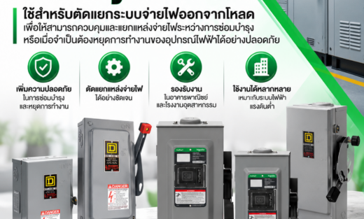 Schneider Square D Safety Switch ใช้สำหรับตัดแยกระบบจ่ายไฟออกจากโหลด เพื่อให้สามารถควบคุมและแยกแหล่งจ่ายไฟระหว่างการซ่อมบำรุงหรือเมื่อจำเป็นต้องหยุดการทำงานของอุปกรณ์ไฟฟ้าได้อย่างปลอดภัย