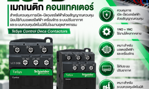 Schneider แมกเนติก คอนแทคเตอร์ LC1-D 1NO + 1NC สำหรับควบคุมการเปิด–ปิดวงจรไฟฟ้าด้วยสัญญาณควบคุม นิยมใช้กับมอเตอร์ไฟฟ้า เครื่องจักร ระบบปรับอากาศ และระบบควบคุมอัตโนมัติในโรงงานอุตสาหกรรม TeSys Control Deca Contactors