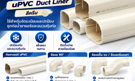 UPC Catalog ผลิตภัณฑ์ท่อรางแอร์ uPVC Duct Liner สีครีม ใช้สำหรับจัดระเบียบและปกป้องชุดท่อน้ำยาแอร์และฉนวนหุ้มท่อ