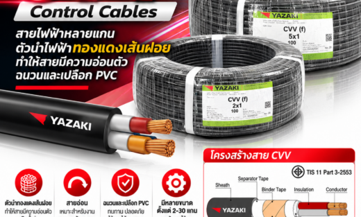 Yazaki Catalog สายไฟ รุ่น CVV Control Cables สายไฟฟ้าหลายแกน ตัวนำไฟฟ้าทองแดงเส้นฝอยทำให้สายมีความอ่อนตัว ฉนวนและเปลือก PVC