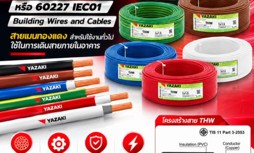 Yazaki Catalog สายไฟ รุ่น THW หรือ 60227 IEC01 Building Wires and Cables สายเมนทองแดง สำหรับใช้งานทั่วไป ใช้ในการเดินสายภายในอาคาร