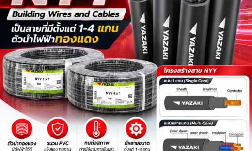 Yazaki Catalog สายไฟรุ่น NYY Building Wires and Cables เป็นสายที่มีตั้งแต่ 1-4 แกน ตัวนำไฟฟ้าทองแดง