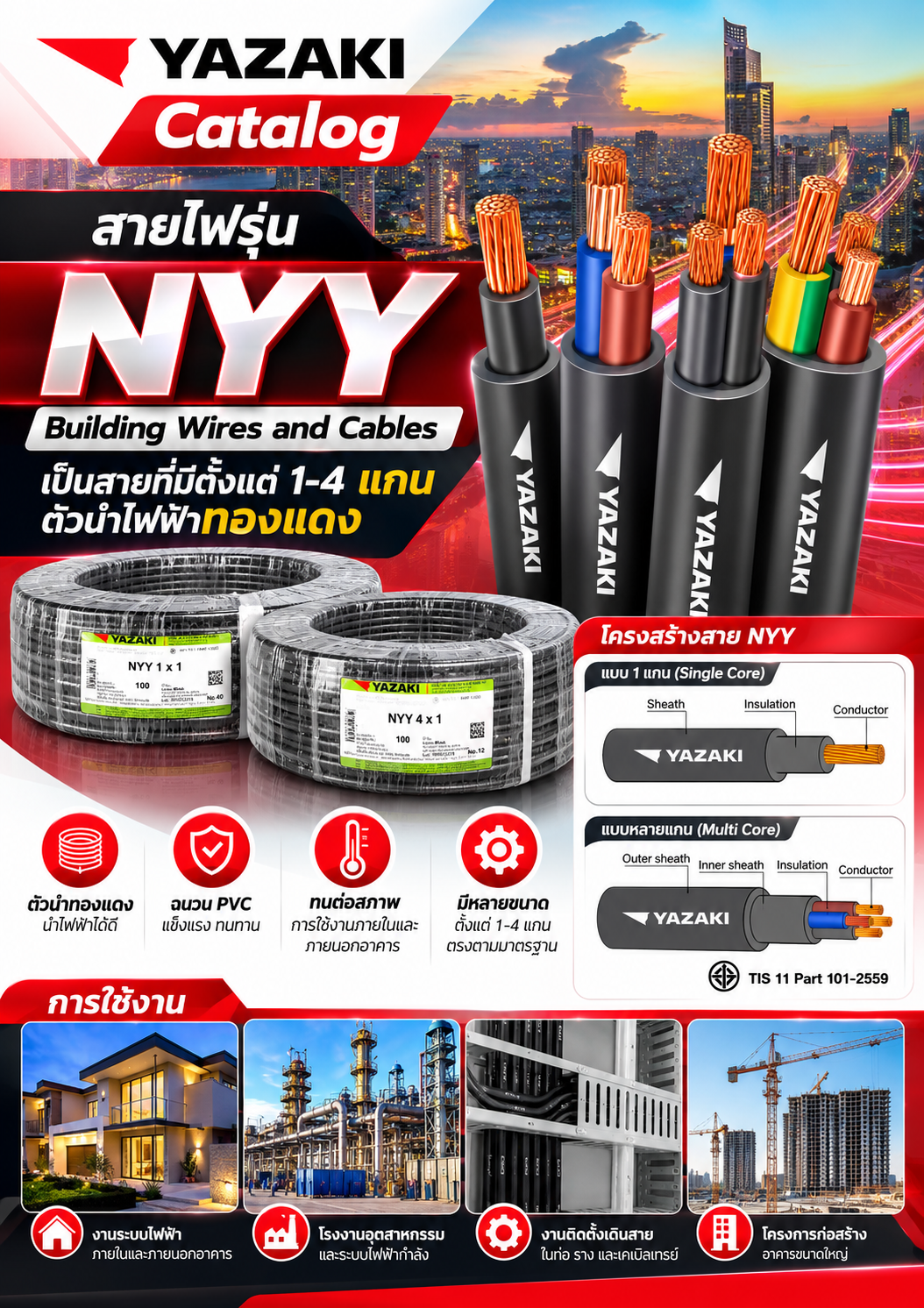 Yazaki Catalog สายไฟรุ่น NYY Building Wires and Cables เป็นสายที่มีตั้งแต่ 1-4 แกน ตัวนำไฟฟ้าทองแดง