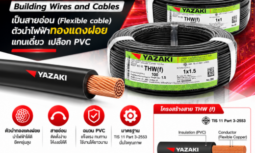 Yazaki Catalog สายไฟรุ่น THW {f} Building Wires and Cables เป็นสายอ่อน (Flexible cable) ตัวนำไฟฟ้าทองแดงฝอย แกนเดี่ยว เปลือก PVC