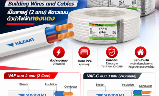Yazaki Catalog สายไฟรุ่น VAF Building Wires and Cables เป็นสายคู่ (2 แกน) สีขาวแบน ตัวนำไฟฟ้าทองแดง