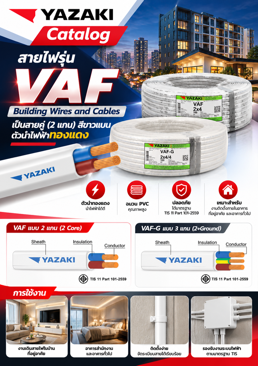 Yazaki Catalog สายไฟรุ่น VAF Building Wires and Cables เป็นสายคู่ (2 แกน) สีขาวแบน ตัวนำไฟฟ้าทองแดง