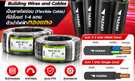 Yazaki Catalog สายไฟรุ่น VCT Building Wires and Cables เป็นสายไฟอ่อน (Flexible Cable) ที่มีตั้งแต่ 1-4 แกน ตัวนำไฟฟ้าทองแดง